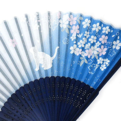 Japanese fan (Silk fan /Sakura & cats /Blue)