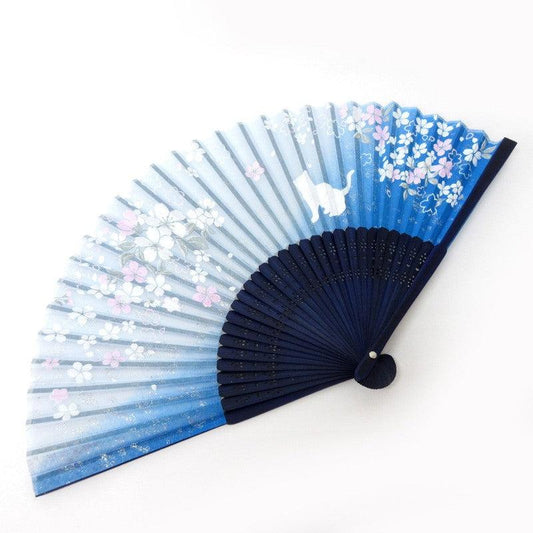 Japanese fan (Silk fan /Sakura & cats /Blue)