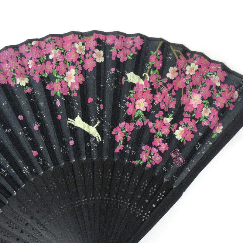 Japanese fan (Silk fan /Sakura & cats /Black) - ECI Online store│One dollar 100 yen shop