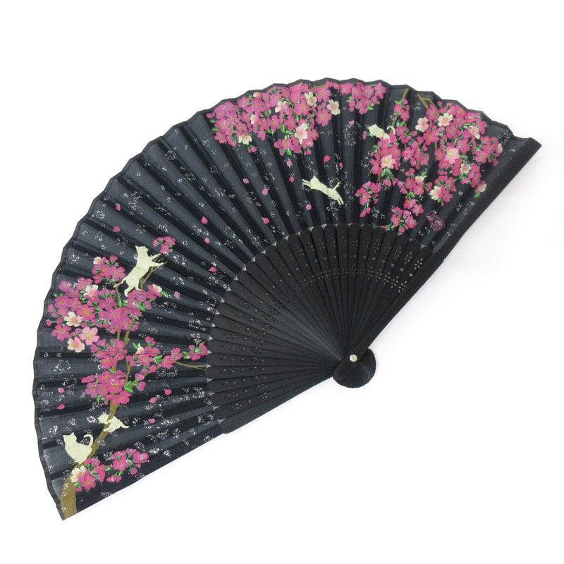 Japanese fan (Silk fan /Sakura & cats /Black) - ECI Online store│One dollar 100 yen shop