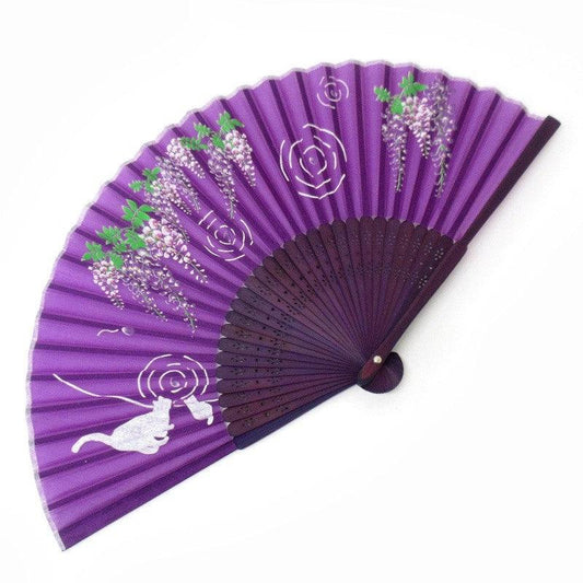 Japanese fan (Silk fan /Wisteria & cats)